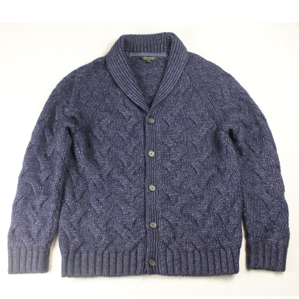 Banana Republic Italian Yarn Cable Knit Cardigan Mens XL Blue Heritage Preppy
